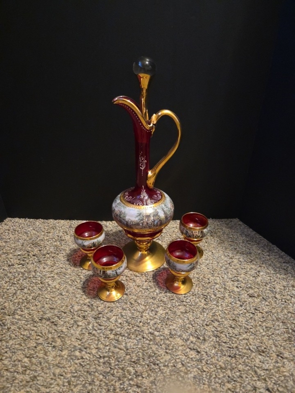 ✨ Vintage Italian Tre Fuochi Venetian Glass Set – Ruby Red & 24K Gold